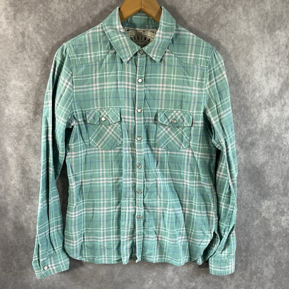 Spell & The Gypsy Collective Western Shirt Womens Medium Green Plaid Pearl Snap
